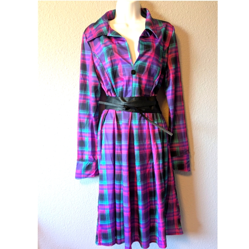 Burgundy Navy Green Tartan Print Dress Long Sleeves Sz. M/L